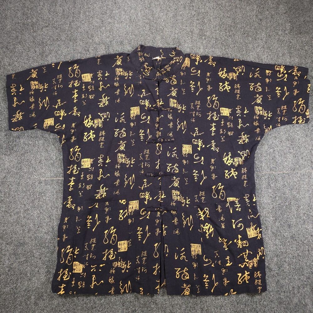 Unknown Asian Calligraphy Print Button-Up Shirt Black And Gold